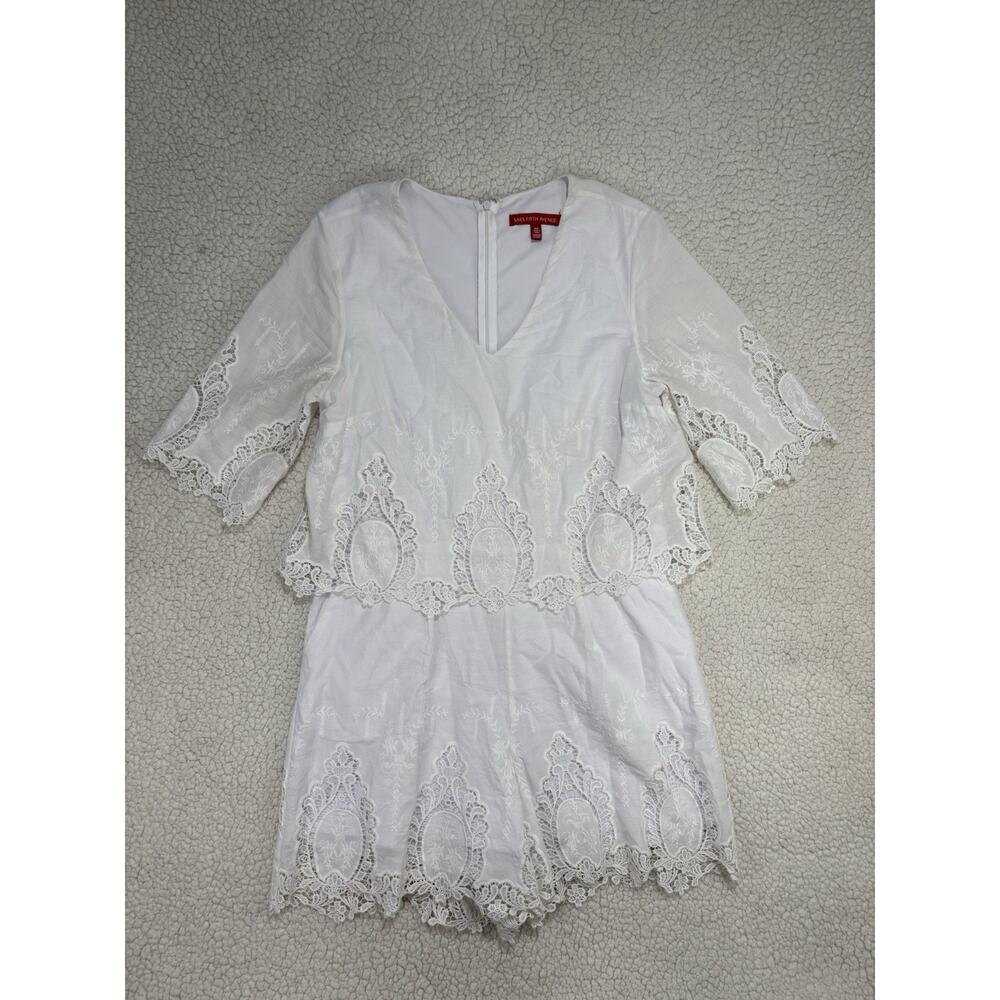 Saks Fifth Avenue White Crochet Lace Boho Romper Sz M Eyelet‎ Shorts Embroidered